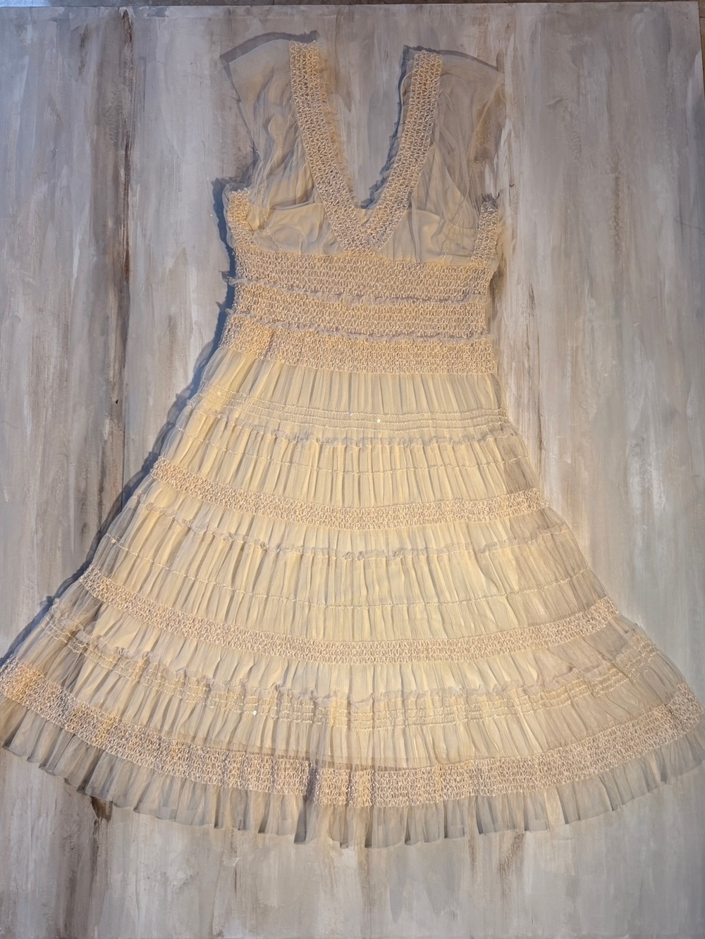 Vintage Max Studio Cream White Tiered Midi Dress Smocked Waist Large Boho Fairy - Picture 12 of 13